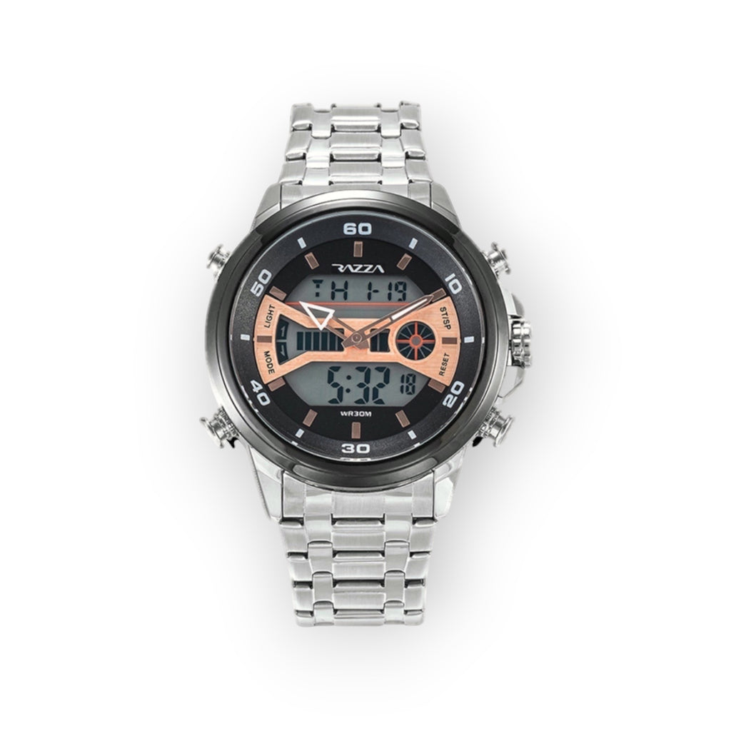 Reloj LOTO COMPANY Cyrus 31080 analógico-digital de acero inoxidable plateado con esfera negra y detalles en cobre.