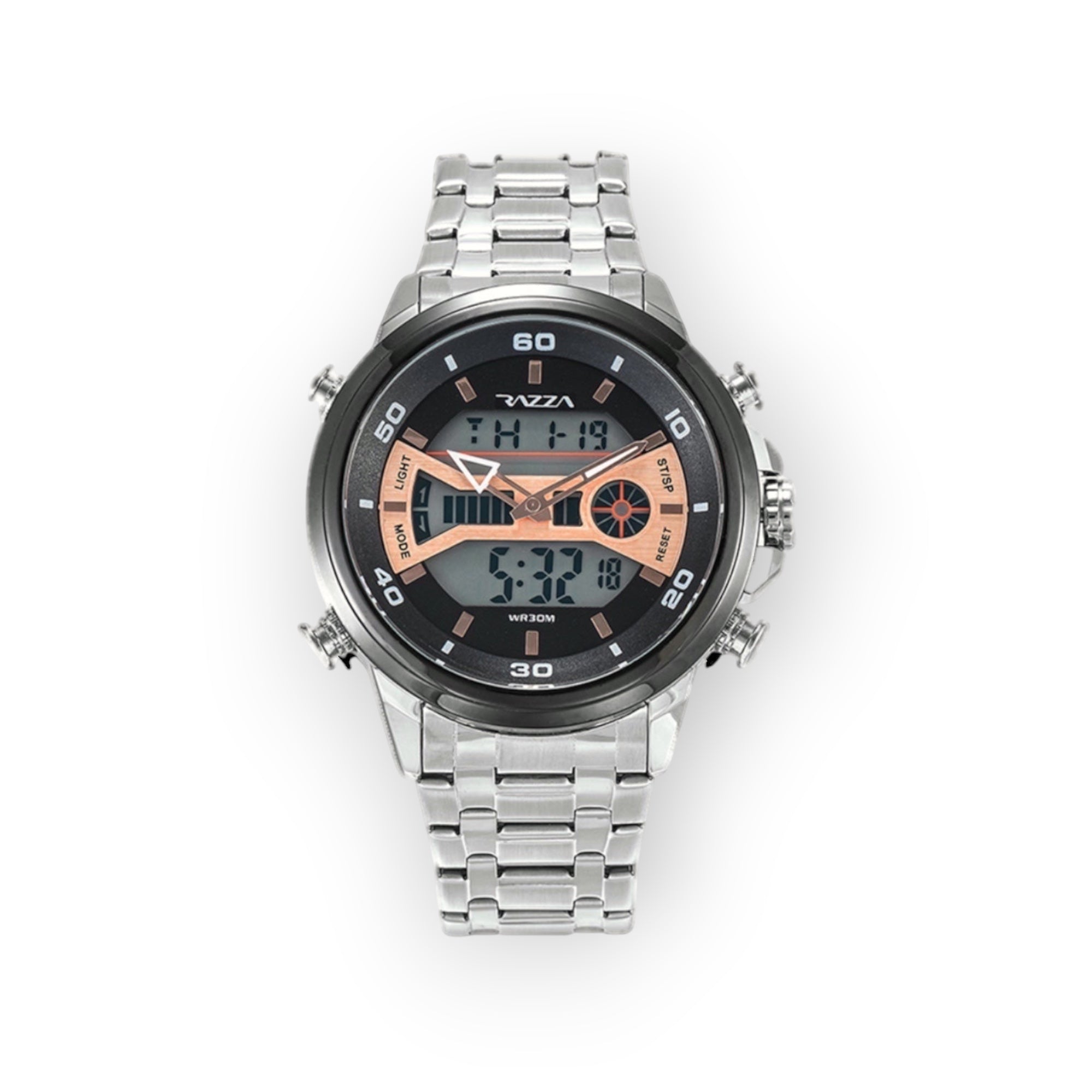 Reloj LOTO COMPANY Cyrus 31080 analógico-digital de acero inoxidable plateado con esfera negra y detalles en cobre.