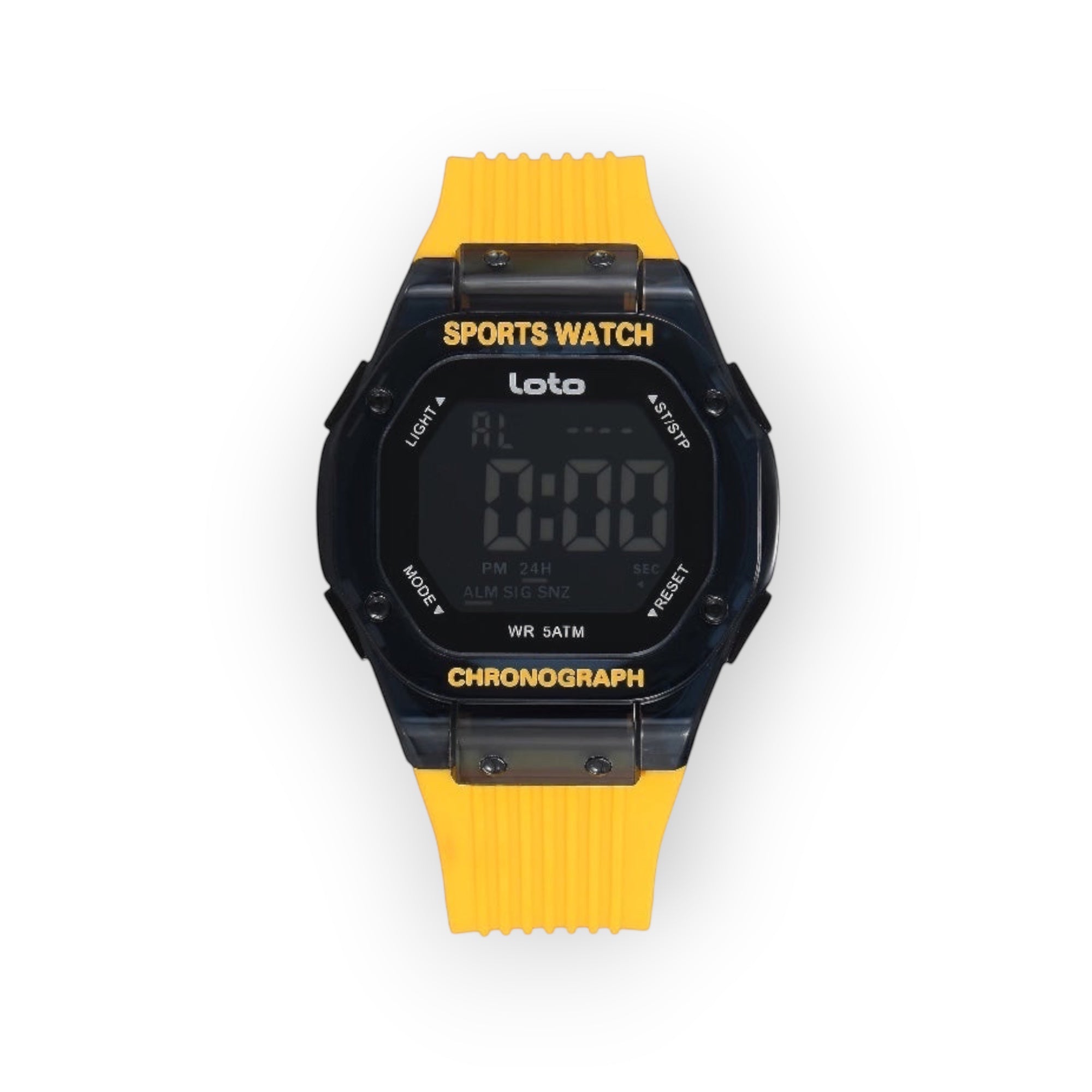 Reloj deportivo digital LOTO COMPANY de caja cuadrada negra con correa de silicona amarilla. Pantalla con cronógrafo y resistencia 5 ATM.