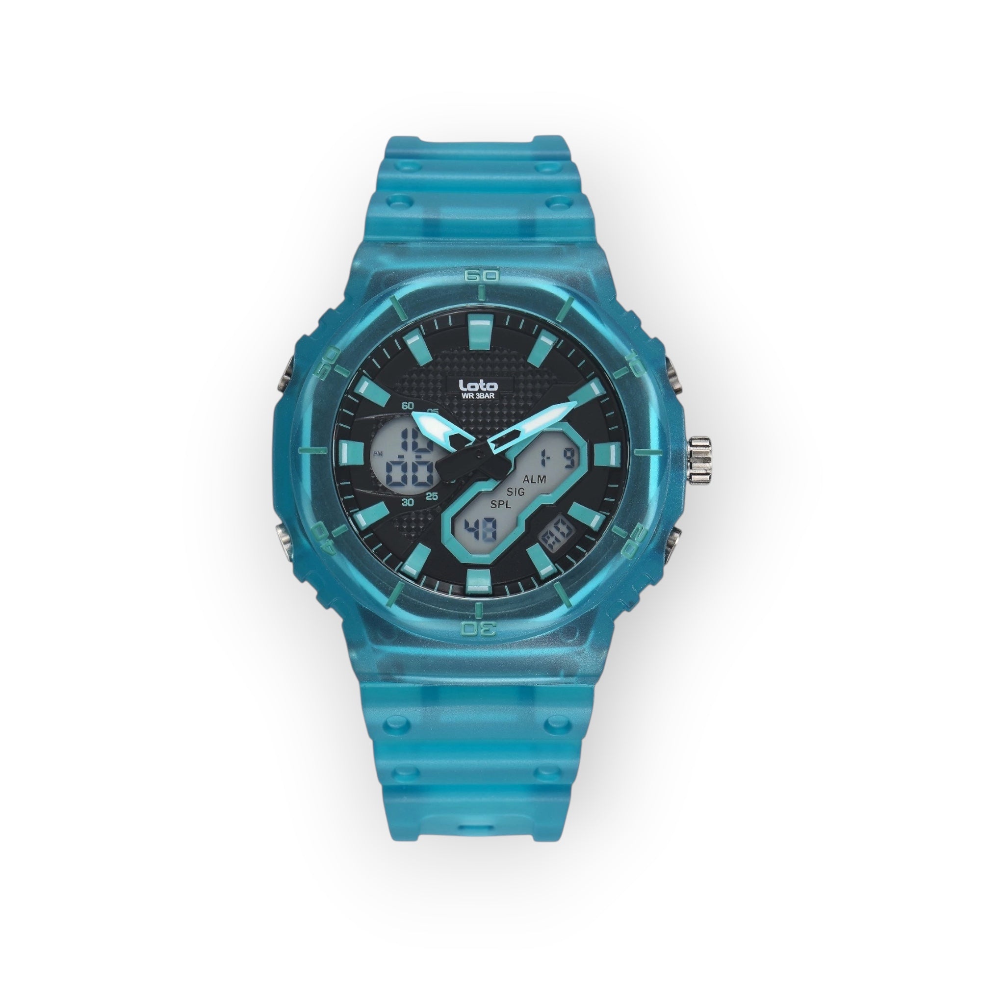 Reloj deportivo LOTO COMPANY AMAUR analógico-digital en resina azul translúcida con esfera negra y detalles en cian.