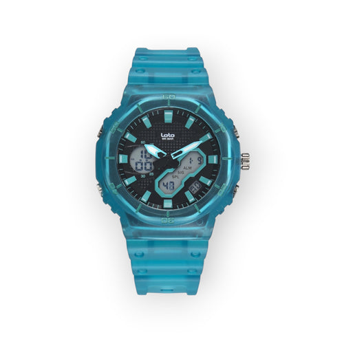 Reloj deportivo LOTO COMPANY AMAUR analógico-digital en resina azul translúcida con esfera negra y detalles en cian.
