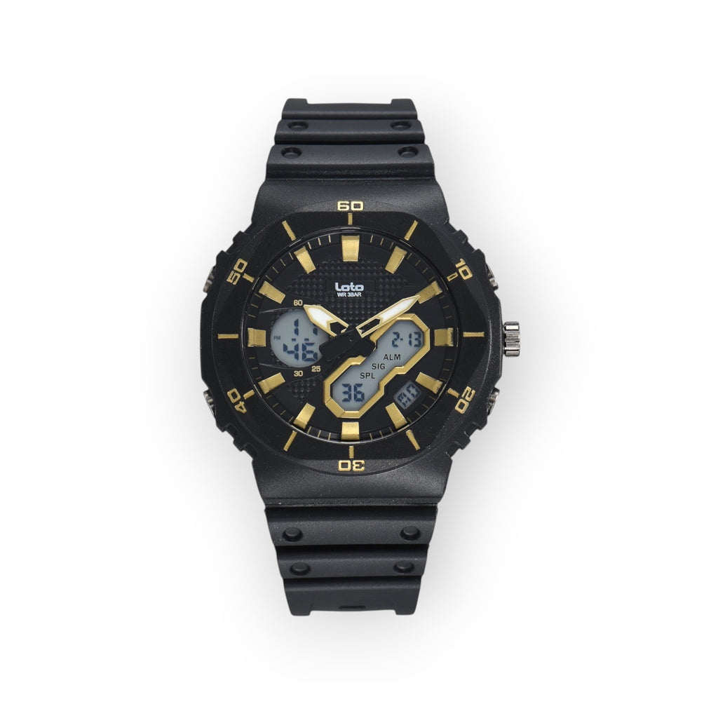 Reloj deportivo LOTO COMPANY AMAUR analógico-digital en color negro con detalles dorados y correa de resina resistente.