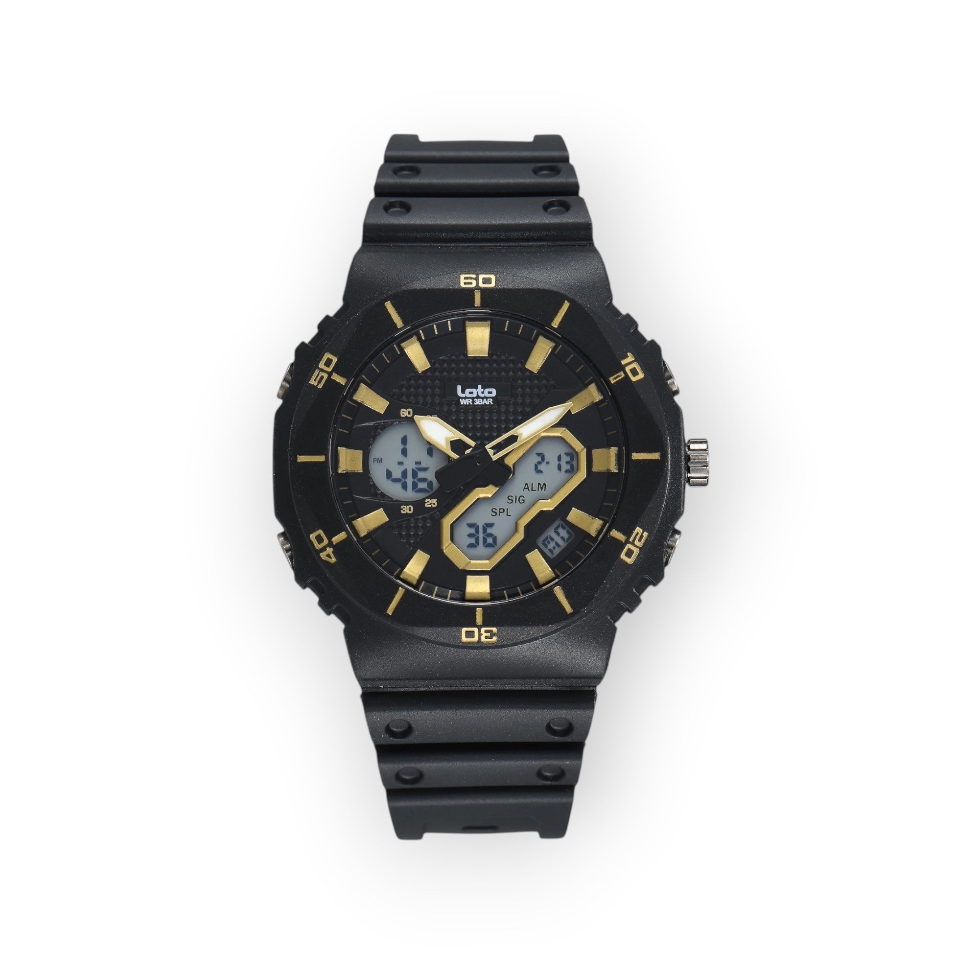 Reloj deportivo LOTO COMPANY AMAUR analógico-digital en color negro con detalles dorados y correa de resina resistente.