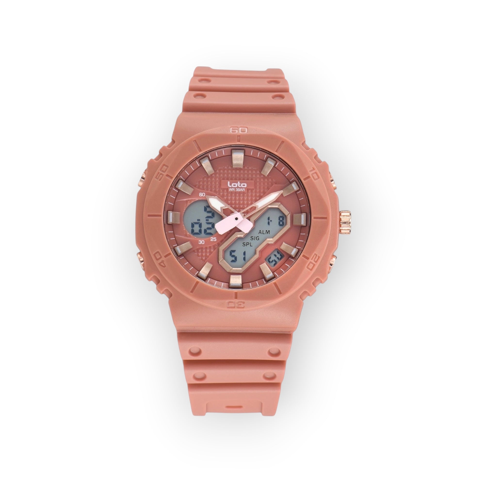 Reloj deportivo LOTO COMPANY AMAUR analógico-digital en color rosa con correa de resina resistente y diseño moderno.