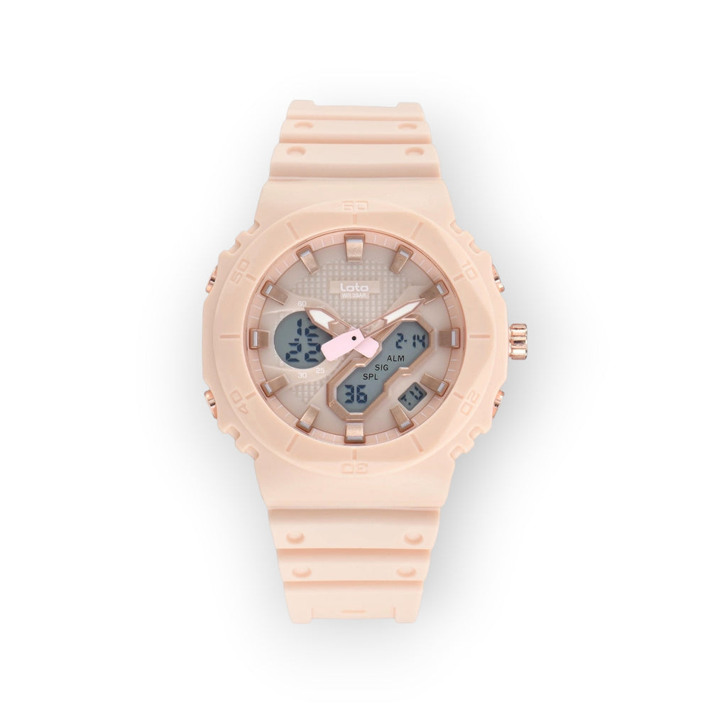 Reloj deportivo LOTO COMPANY AMAUR analógico-digital en color rosa pastel con correa de resina resistente al agua.