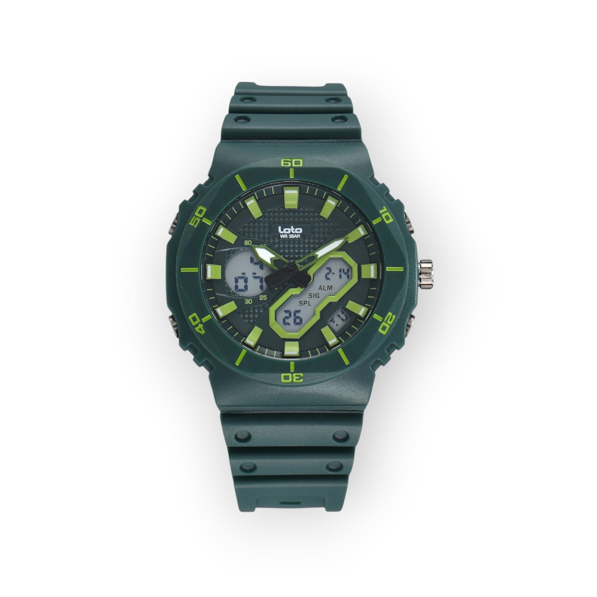 Reloj deportivo LOTO COMPANY AMAUR verde con correa de resina, esfera analógico-digital y detalles en verde lima.