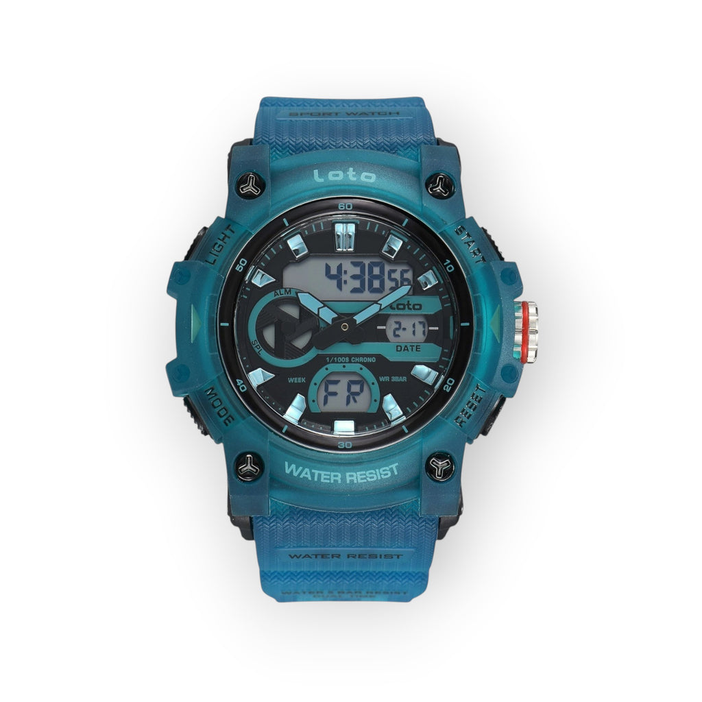 Reloj deportivo LOTO COMPANY KRONEX 2573 azul translúcido con pantalla híbrida analógica y digital y correa de silicona