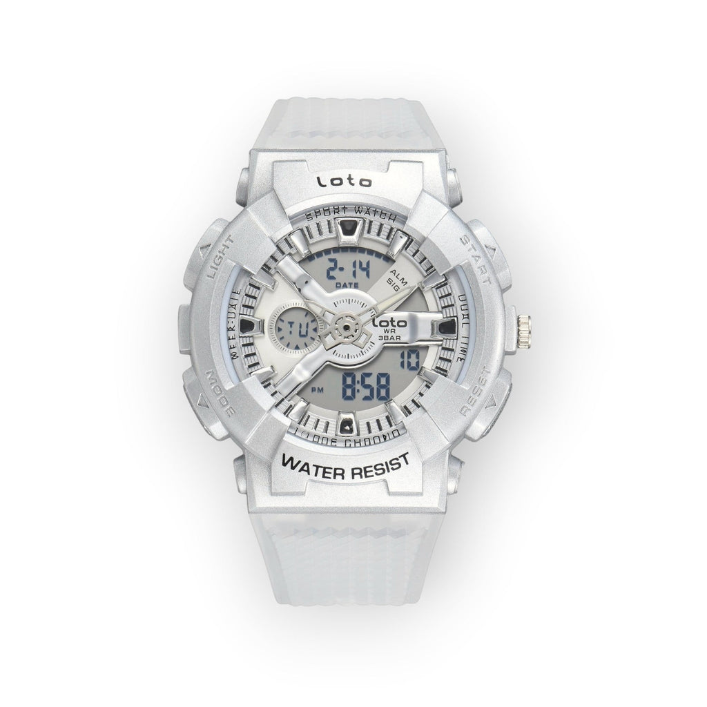 Reloj deportivo LOTO COMPANY IMPERIUM 2567 de color blanco con pantalla híbrida analógica y digital y correa de silicona
