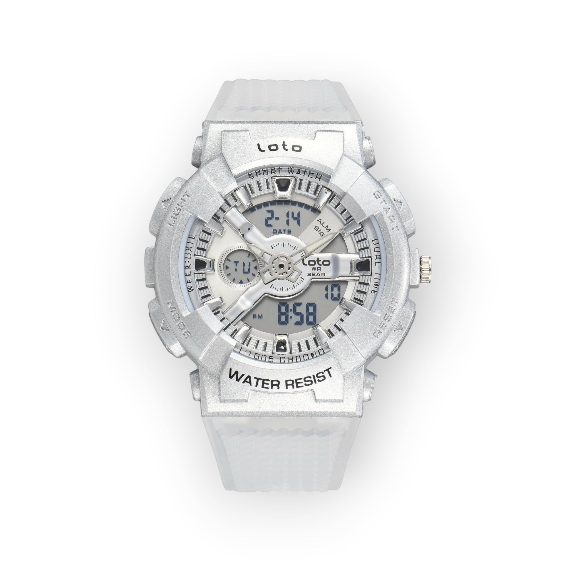 Reloj deportivo LOTO COMPANY IMPERIUM 2567 de color blanco con pantalla híbrida analógica y digital y correa de silicona
