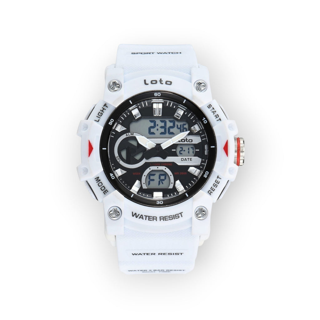 Reloj deportivo LOTO COMPANY KRONEX 2573 blanco con pantalla híbrida analógica y digital y correa de silicona resistente
