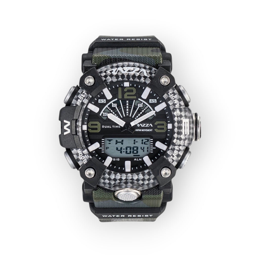 Reloj deportivo LOTO COMPANY X-TREME 31081 con esfera híbrida, correa de camuflaje y detalles de fibra de carbono.