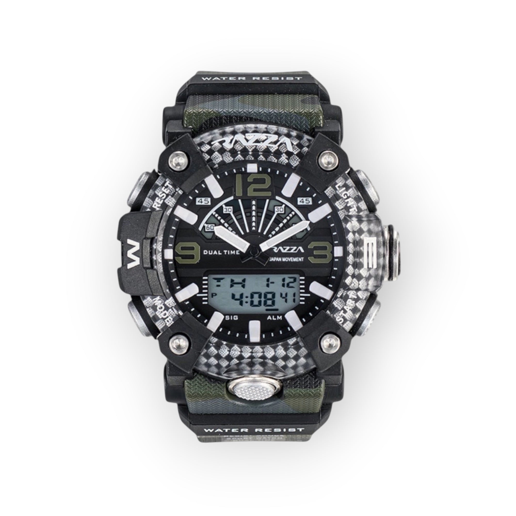 Reloj deportivo LOTO COMPANY X-TREME 31081 con esfera híbrida, correa de camuflaje y detalles de fibra de carbono.