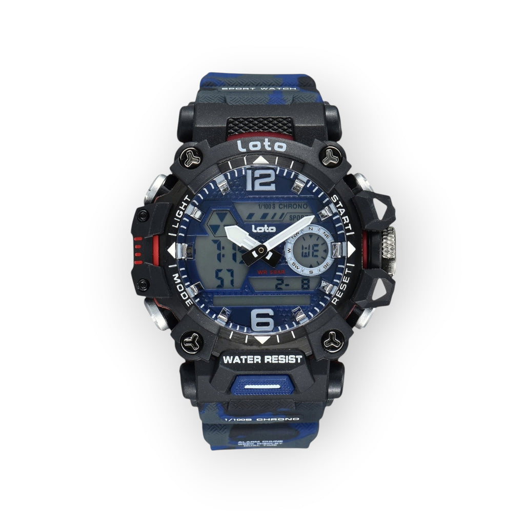 Reloj deportivo LOTO COMPANY KRYTON 2571 con pantalla analógica-digital, caja robusta negra y correa de camuflaje azul.