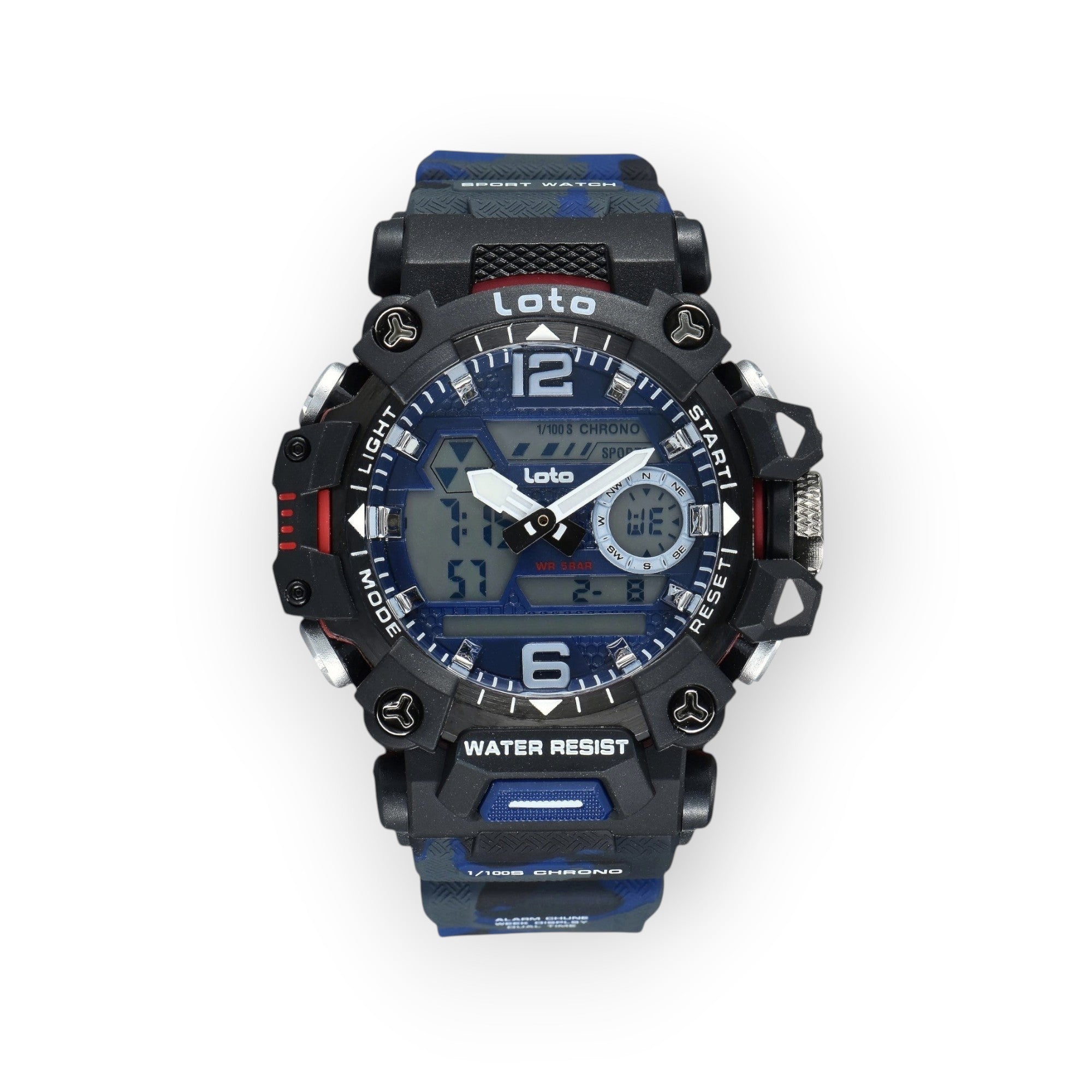 Reloj deportivo LOTO COMPANY KRYTON 2571 con pantalla analógica-digital, caja robusta negra y correa de camuflaje azul.