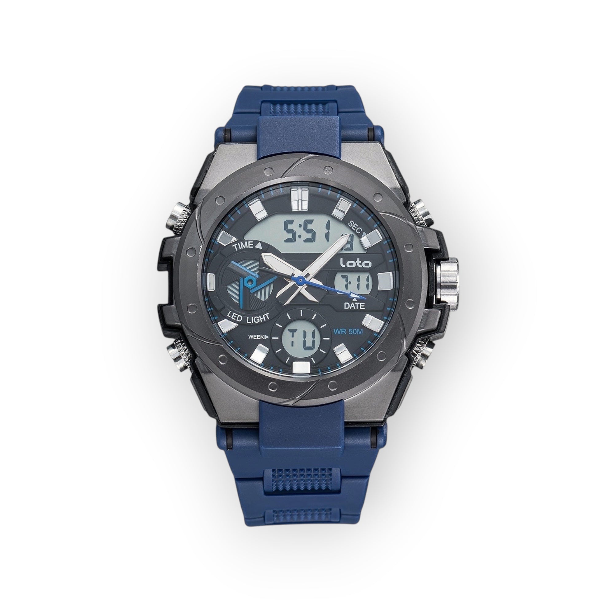 Reloj deportivo LOTO COMPANY CHRONO 2519 analógico-digital azul con correa de silicona y bisel gris resistente