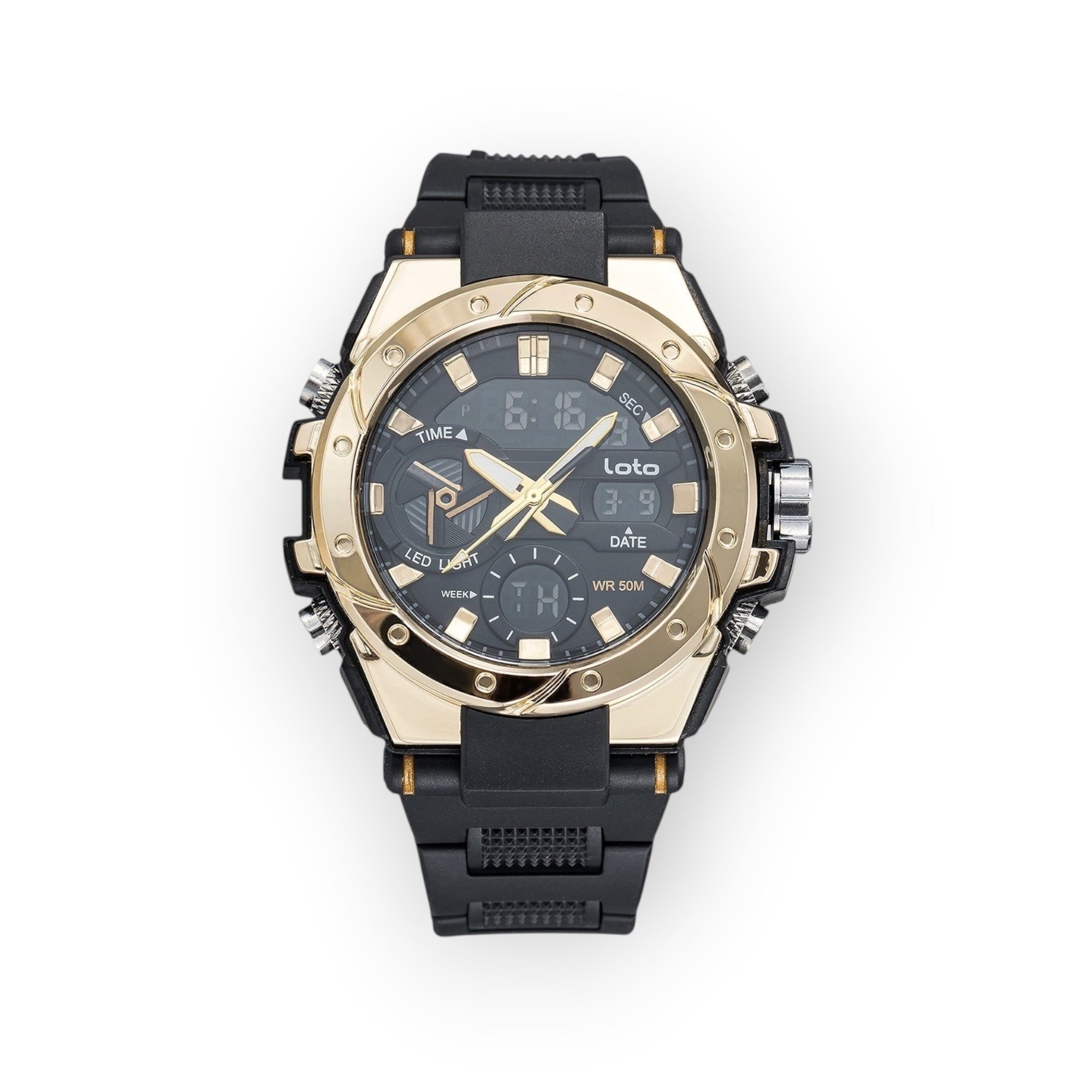 Reloj deportivo LOTO COMPANY CHRONO 2519 analógico-digital con bisel dorado, correa de silicona negra y luz LED.