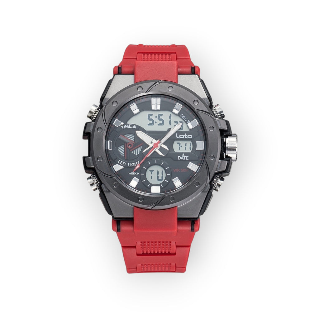 Reloj deportivo LOTO COMPANY CHRONO 2519 analógico-digital con correa de silicona roja y bisel gris resistente al agua.