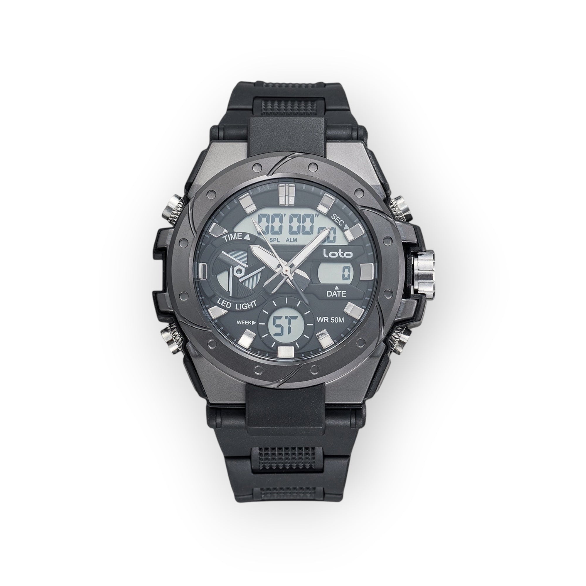 Reloj deportivo LOTO COMPANY CHRONO 2519 negro, analógico-digital con correa de silicona y resistencia al agua 50m.
