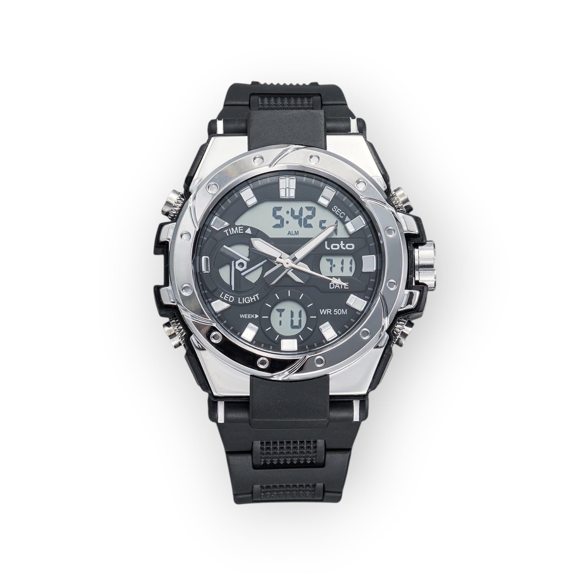 Reloj deportivo LOTO COMPANY CHRONO 2519 analógico-digital con correa de silicona negra y bisel metálico resistente.