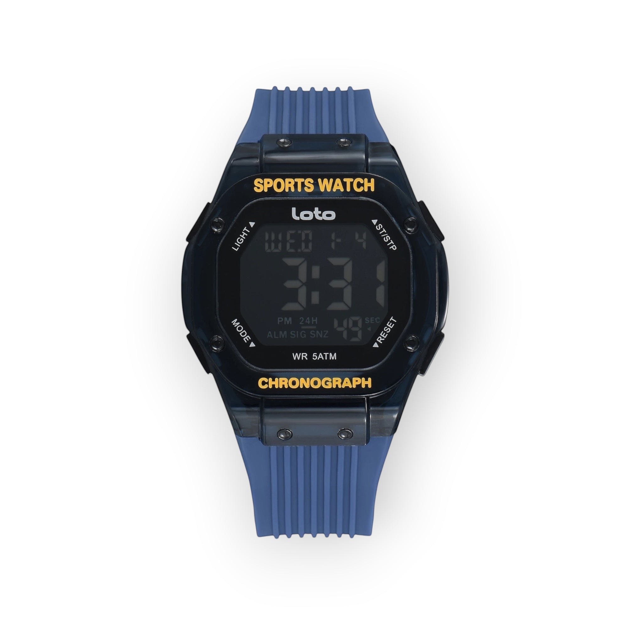 Reloj deportivo LOTO COMPANY digital de caja cuadrada azul con correa de silicona y pantalla con cronógrafo, alarma y luz.