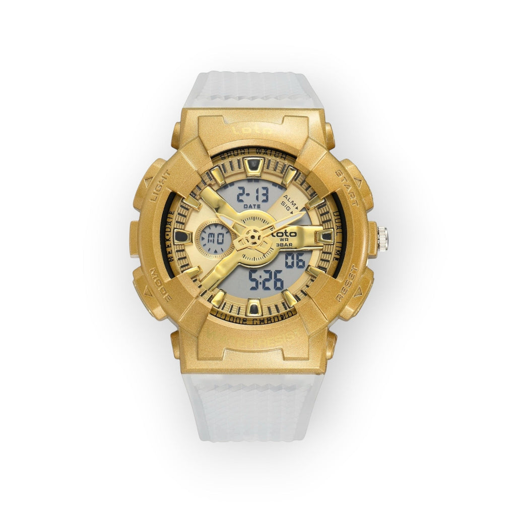 Reloj deportivo LOTO COMPANY IMPERIUM 2567 con caja dorada, pantalla híbrida analógica-digital y correa de silicona blanca