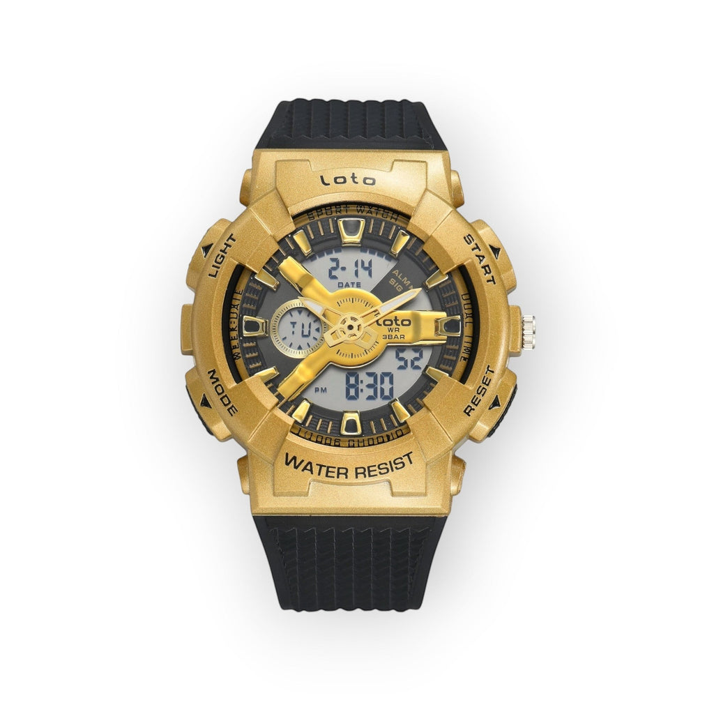 Reloj deportivo LOTO COMPANY IMPERIUM dorado con pantalla híbrida analógica-digital y correa de silicona negra