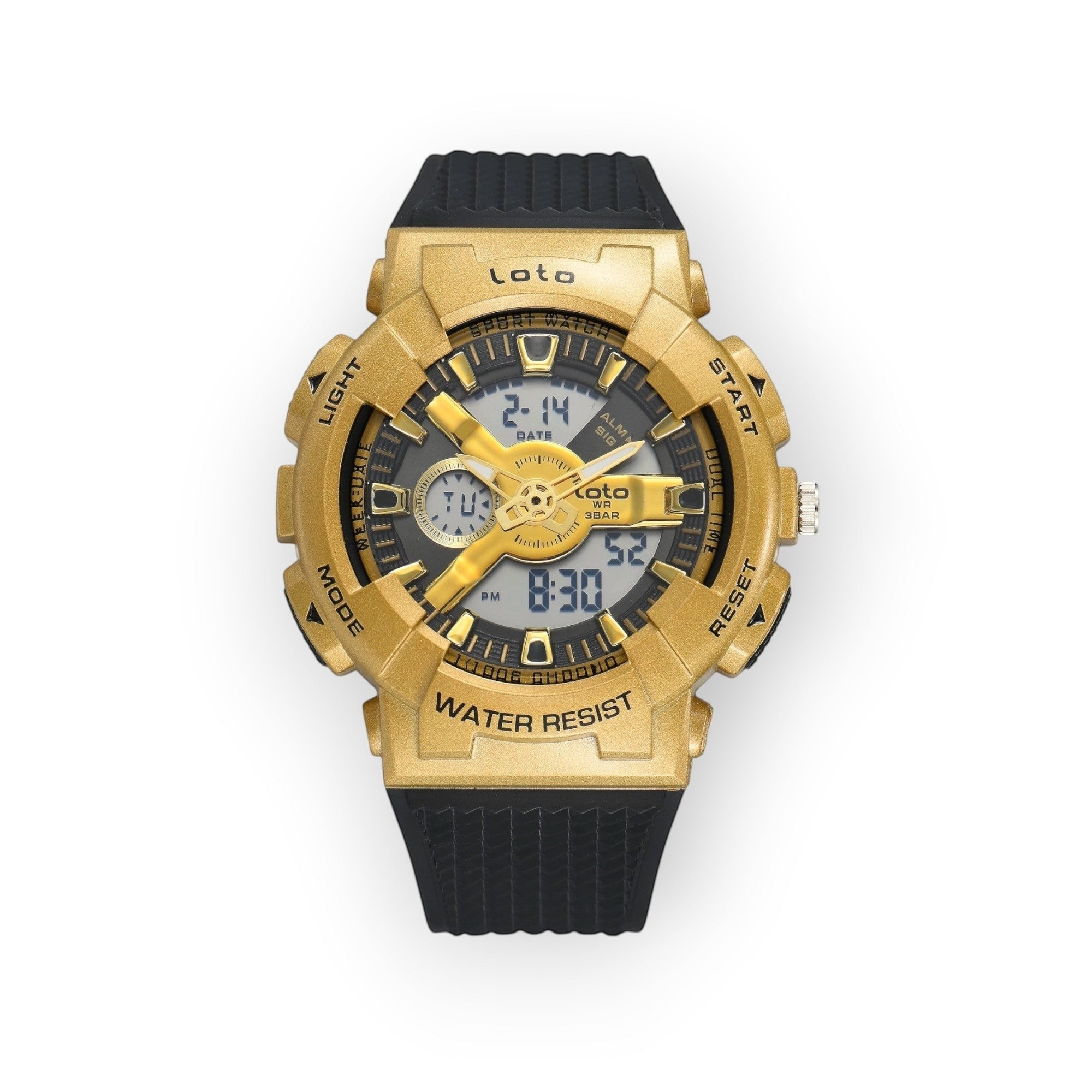 Reloj deportivo LOTO COMPANY IMPERIUM dorado con pantalla híbrida analógica-digital y correa de silicona negra