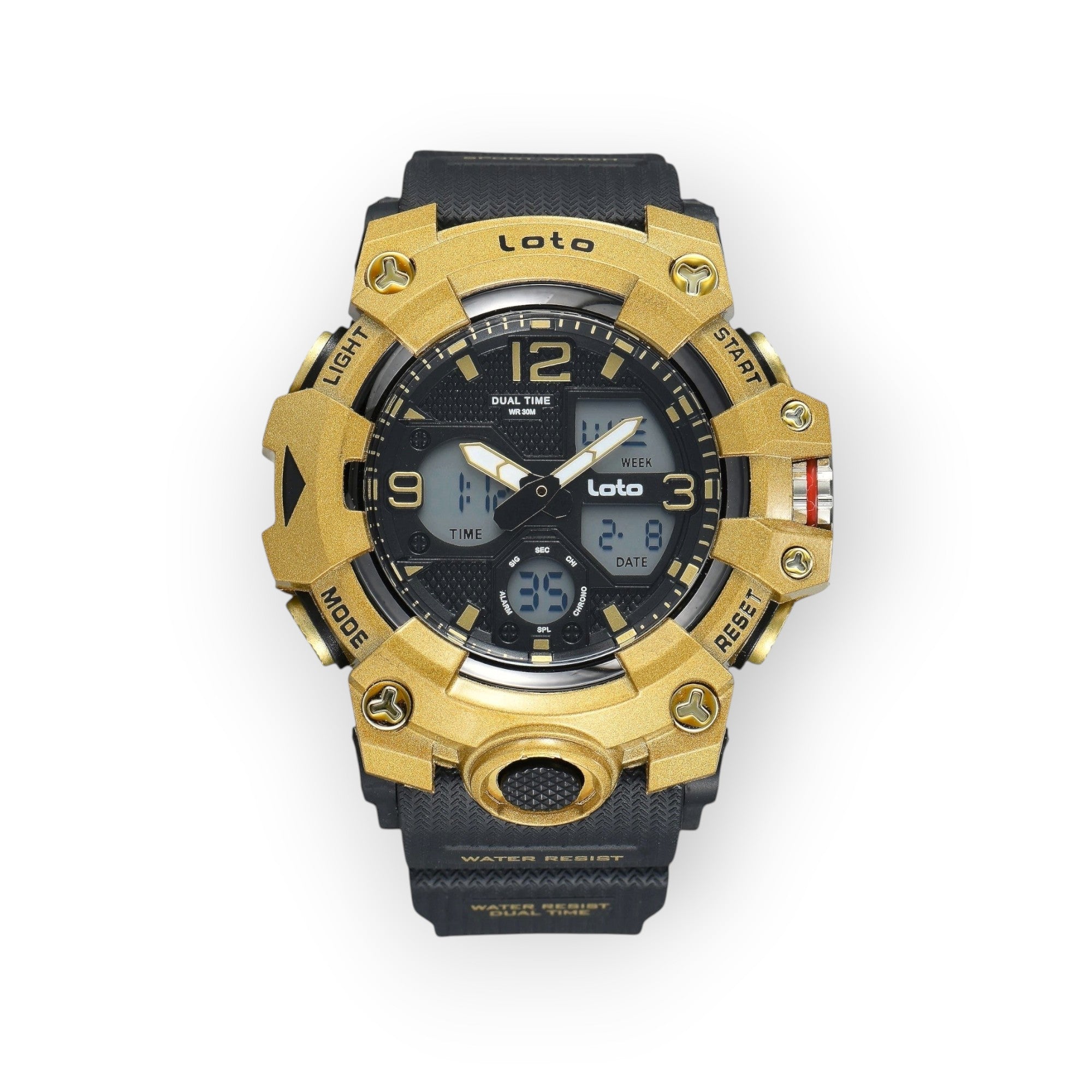 Reloj deportivo LOTO COMPANY ROVIK 2568 con diseño táctico, pantalla dual analógica-digital, bisel dorado y correa negra.