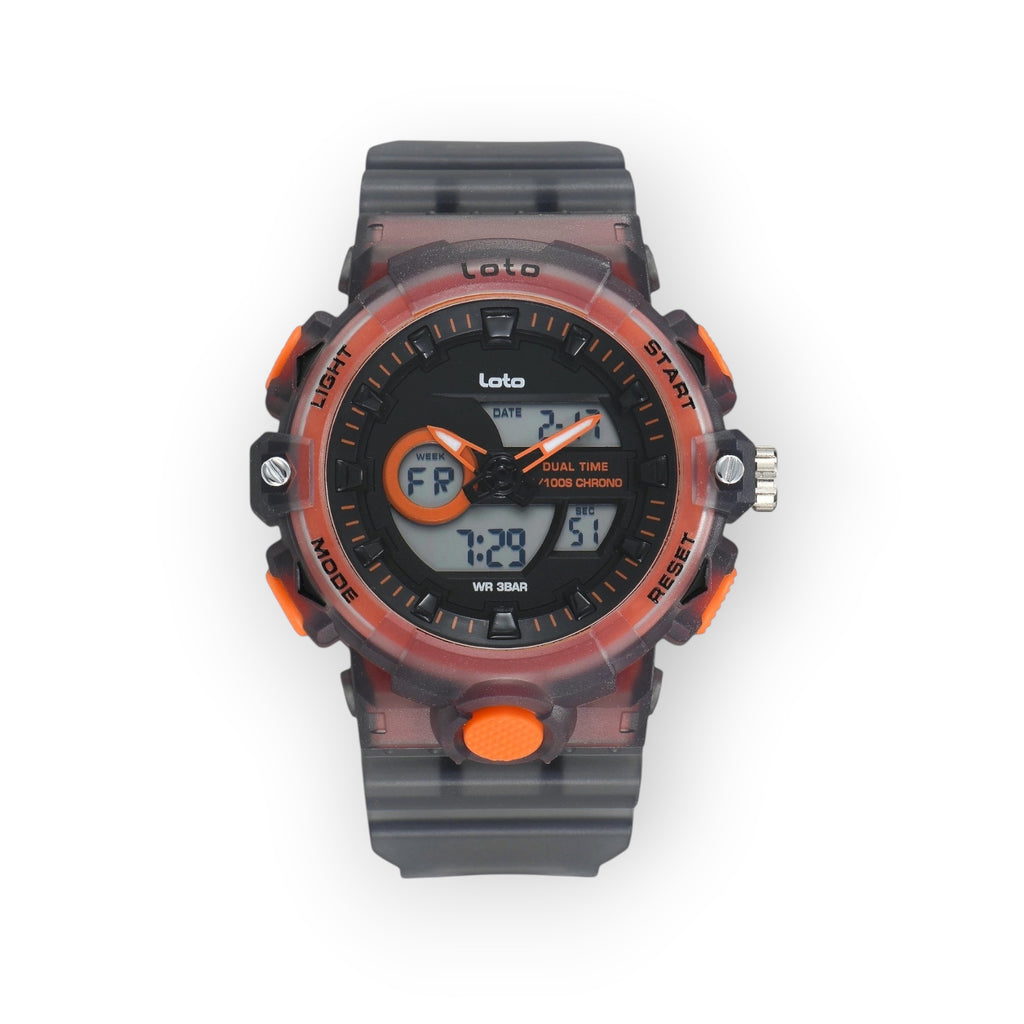 Reloj deportivo LOTO COMPANY KRONAR 2572 con pantalla dual analógica-digital, correa de silicona gris y detalles naranja