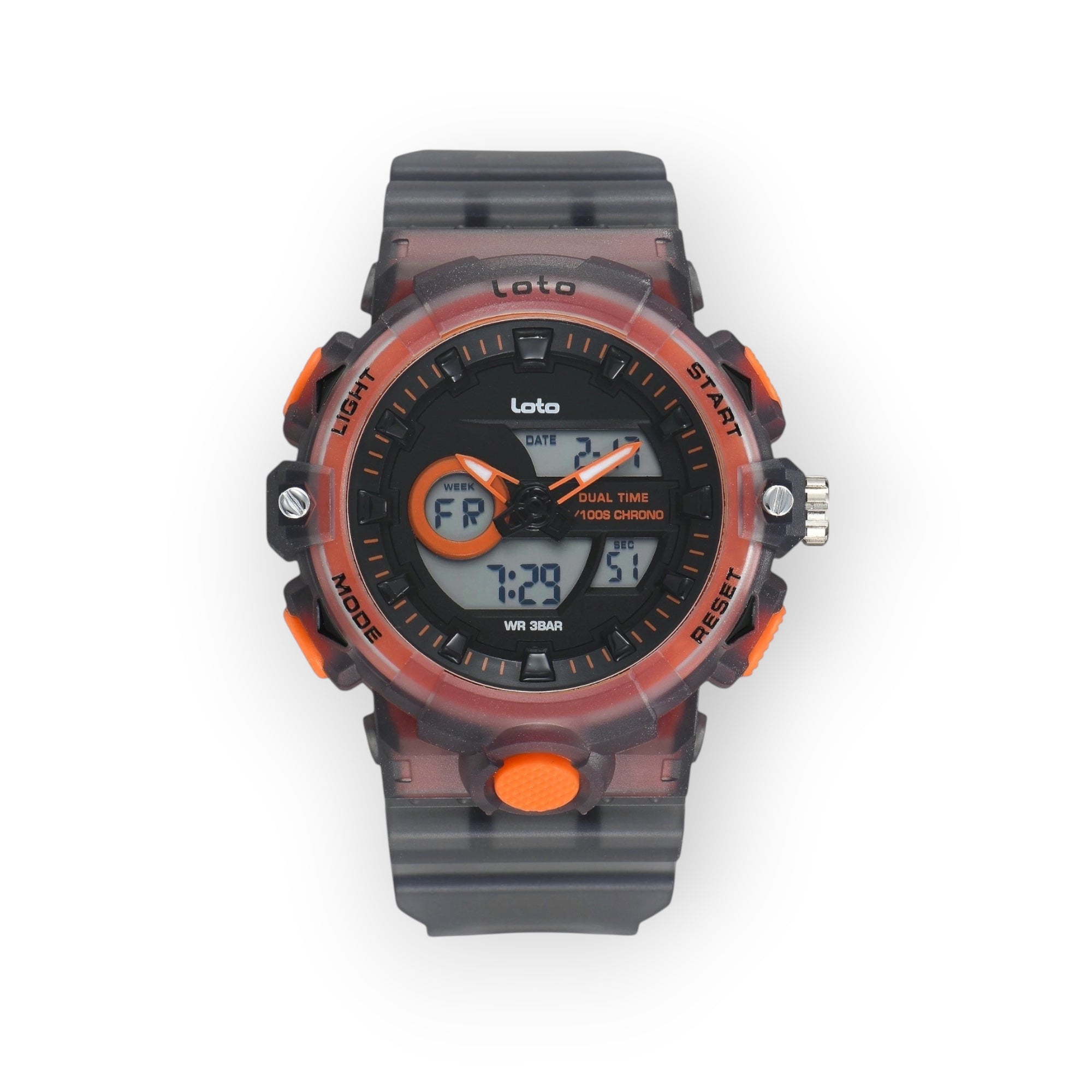 Reloj deportivo LOTO COMPANY KRONAR 2572 con pantalla dual analógica-digital, correa de silicona gris y detalles naranja