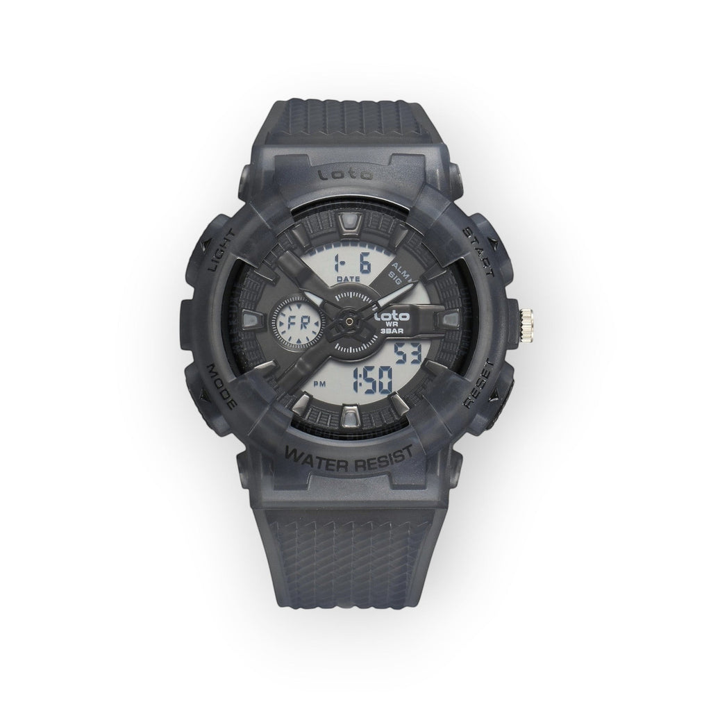 Reloj deportivo LOTO COMPANY IMPERIUM 2567 de color gris oscuro con pantalla híbrida analógica-digital y correa de silicona