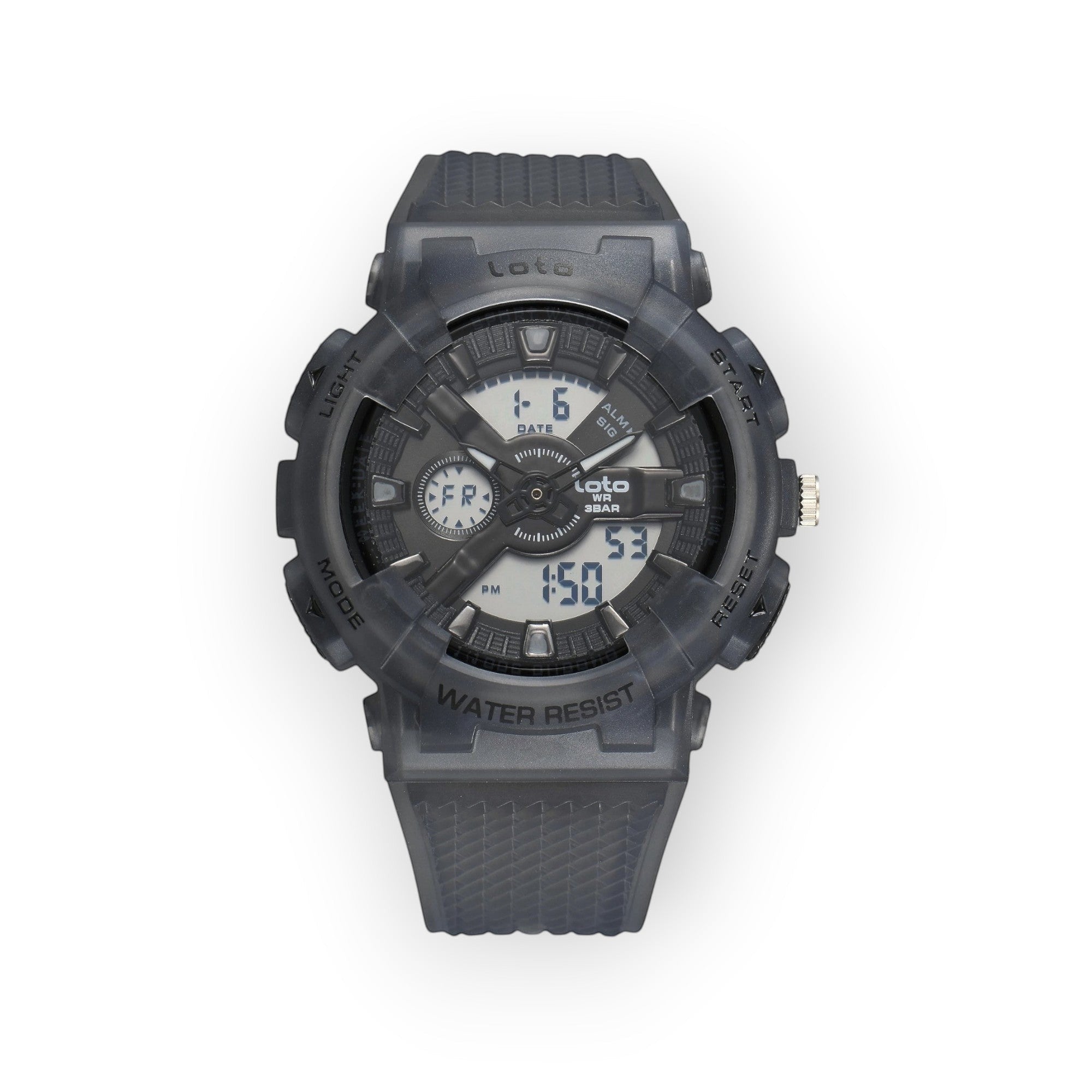 Reloj deportivo LOTO COMPANY IMPERIUM 2567 de color gris oscuro con pantalla híbrida analógica-digital y correa de silicona