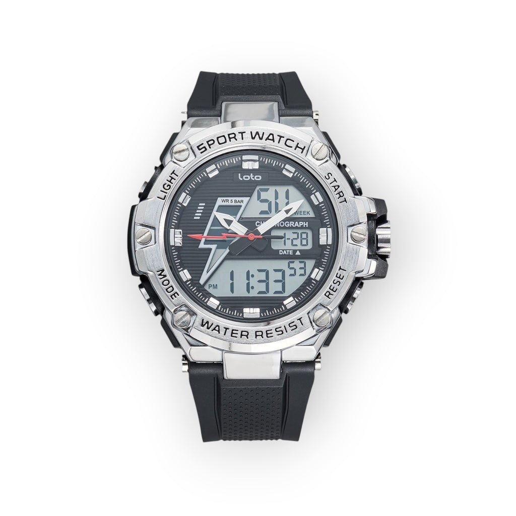 Reloj deportivo LOTO COMPANY HELIOS 2518 con pantalla analógica-digital, caja metálica y correa de silicona negra.