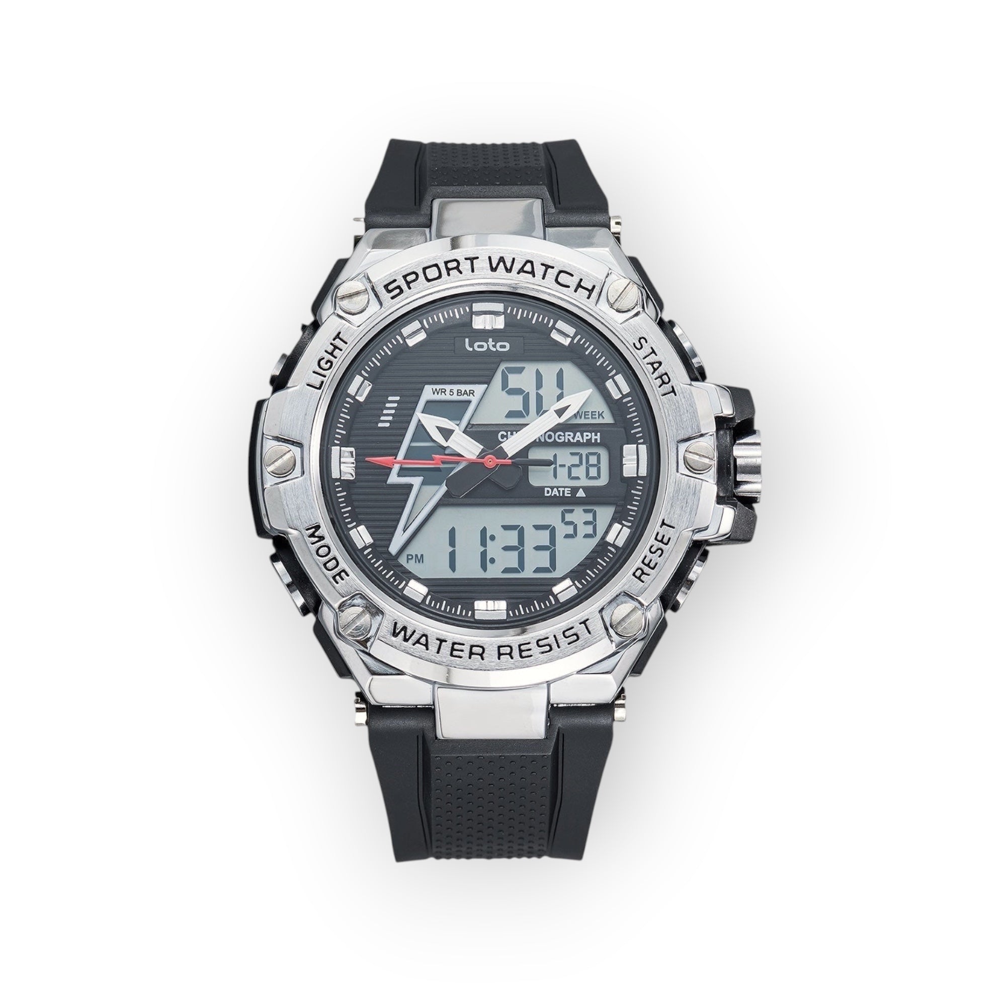 Reloj deportivo LOTO COMPANY HELIOS 2518 con pantalla analógica-digital, caja metálica y correa de silicona negra.