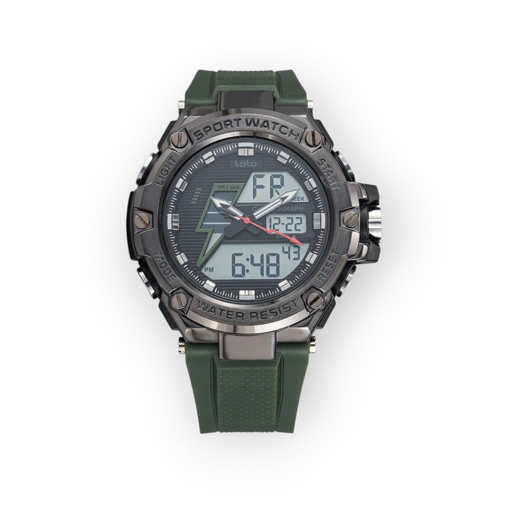 Reloj deportivo LOTO COMPANY HELIOS 2518 con pantalla híbrida analógica-digital, correa de silicona verde y caja gris.
