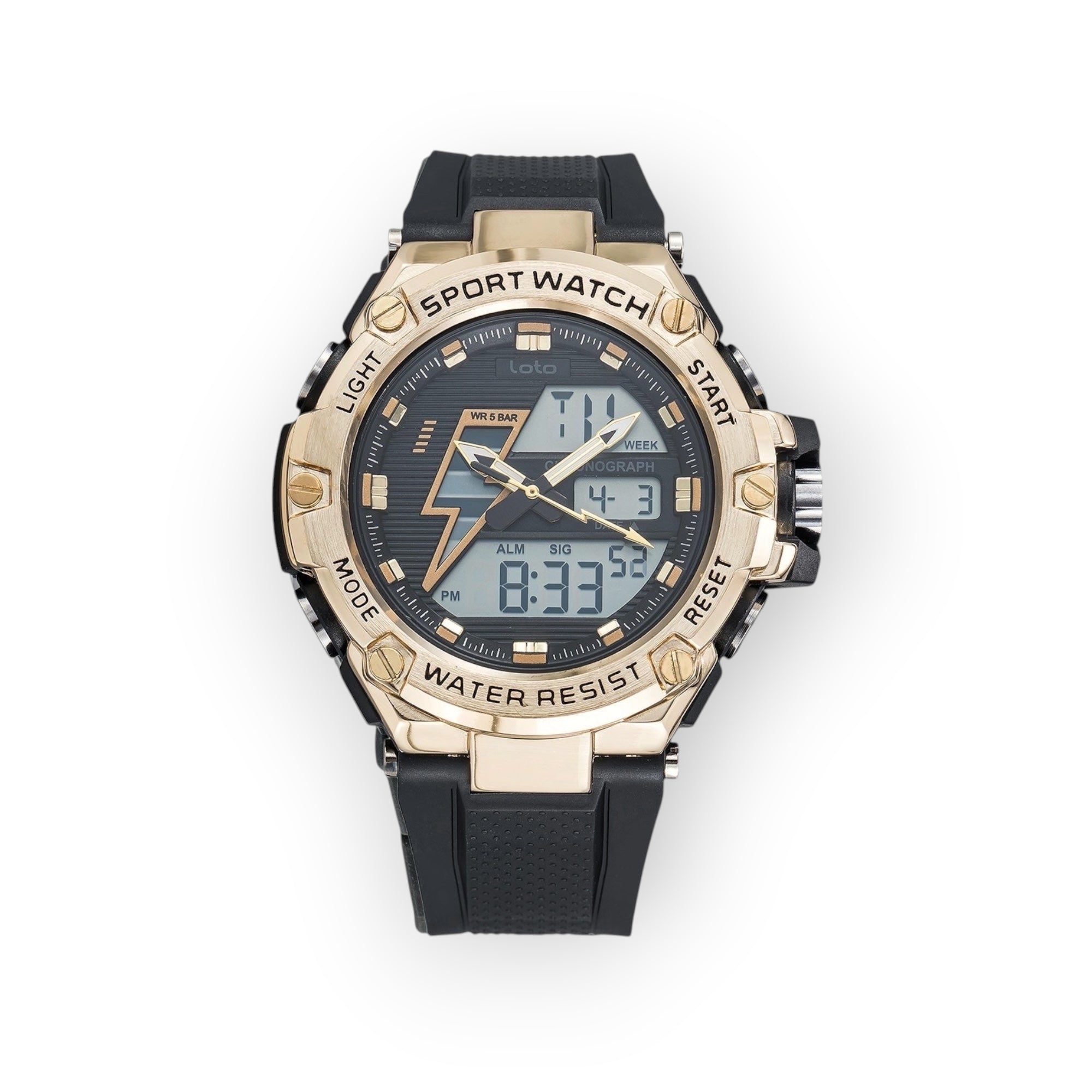 Reloj deportivo LOTO COMPANY HELIOS 2518 con pantalla híbrida, caja dorada y correa de silicona negra resistente.
