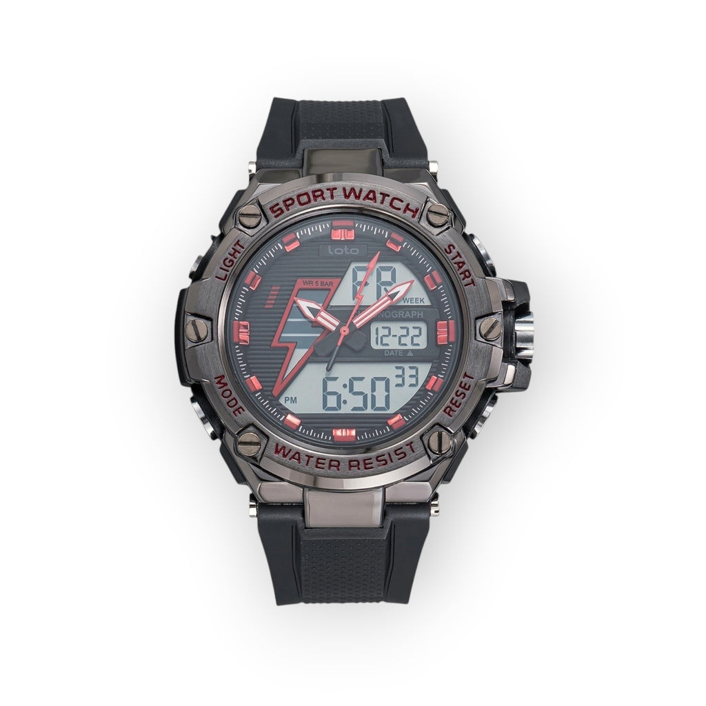Reloj deportivo LOTO COMPANY HELIOS 2518 con pantalla híbrida analógica-digital, caja metálica y correa de silicona.