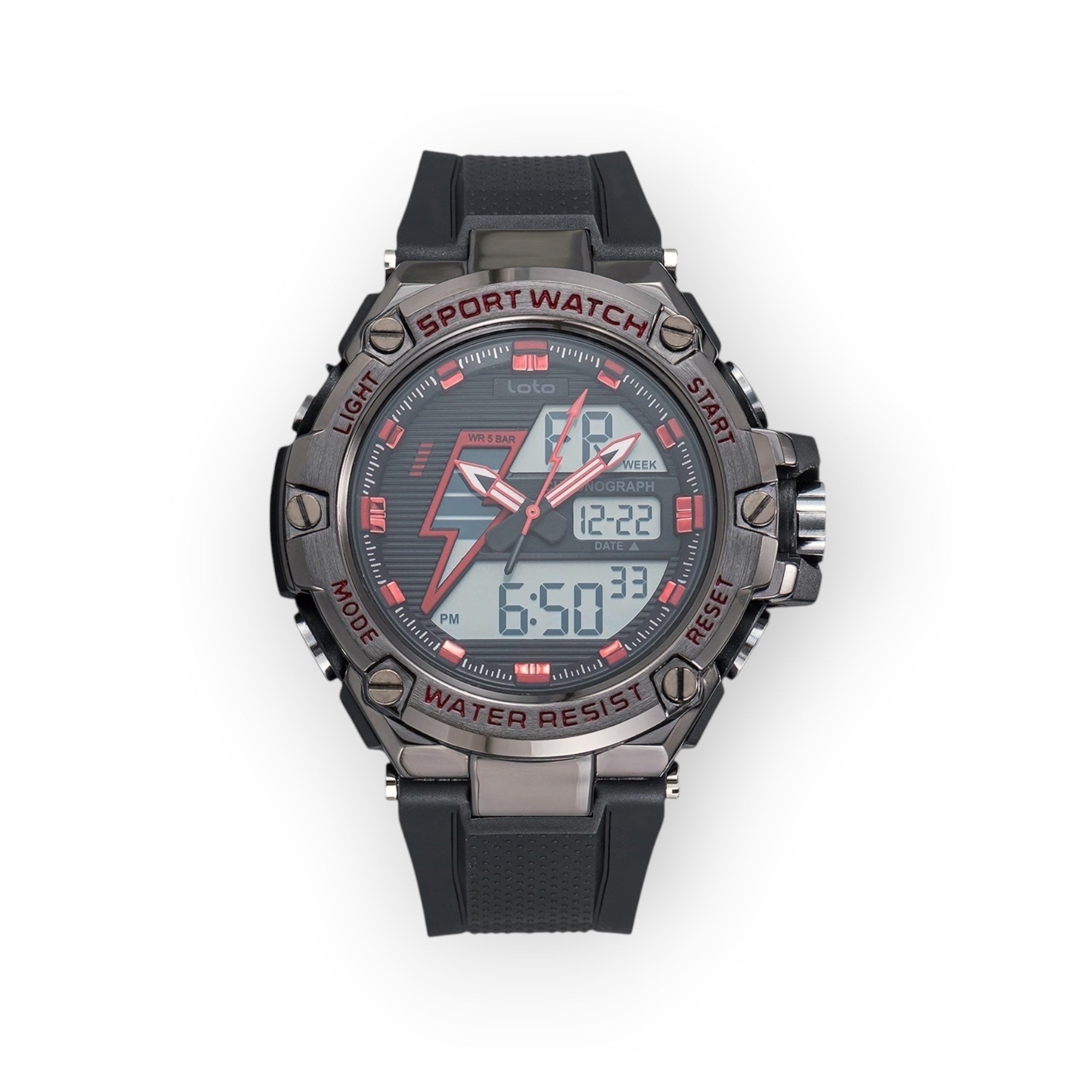 Reloj deportivo LOTO COMPANY HELIOS 2518 con pantalla híbrida analógica-digital, caja metálica y correa de silicona.