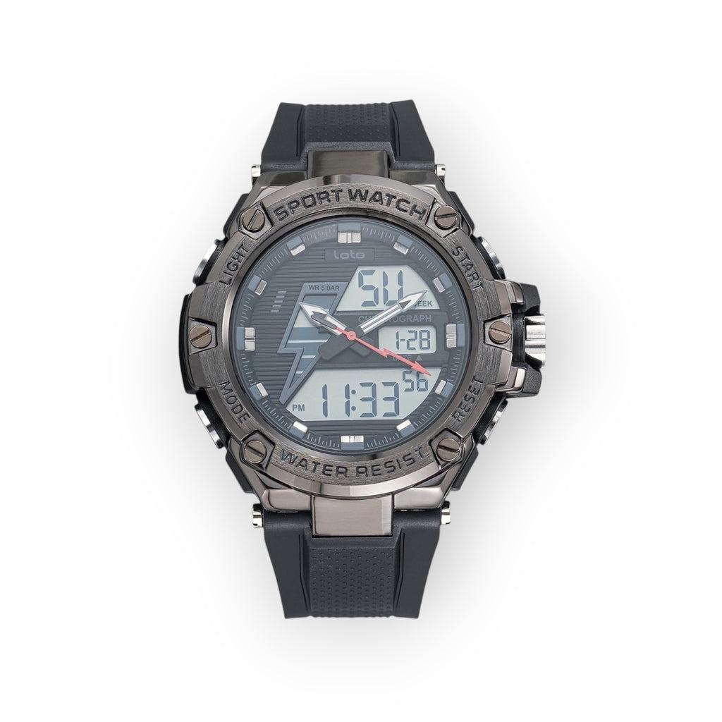 Reloj deportivo LOTO COMPANY HELIOS 2518 con pantalla híbrida analógica-digital y correa de silicona negra resistente.