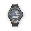 Reloj deportivo LOTO COMPANY HELIOS 2518 con pantalla híbrida analógica-digital y correa de silicona negra resistente.