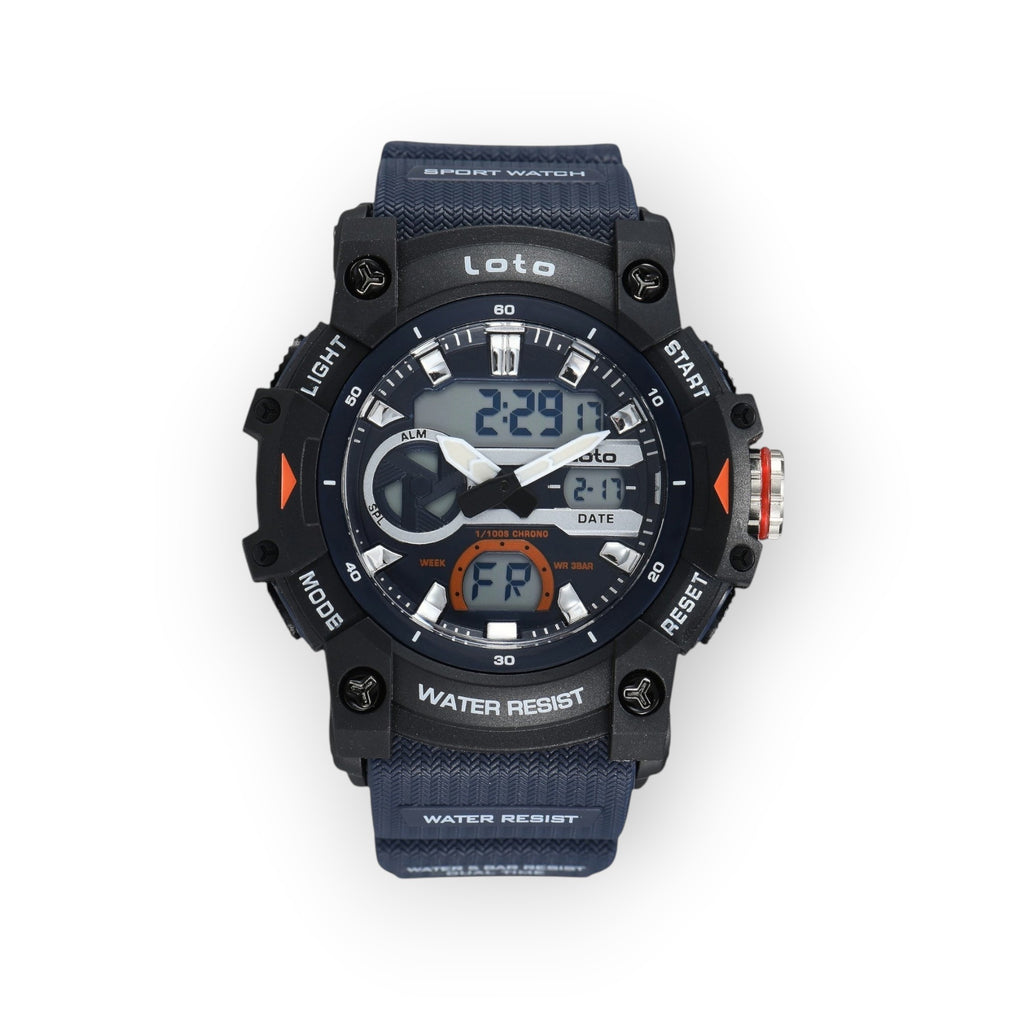 Reloj deportivo LOTO COMPANY KRONEX 2573 con pantalla híbrida analógica-digital, correa azul y caja negra resistente