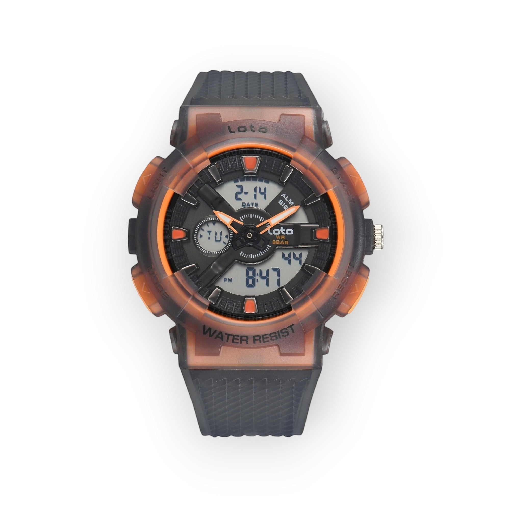 Reloj deportivo LOTO COMPANY IMPERIUM 2567 con caja translúcida, detalles naranjas y correa de silicona negra