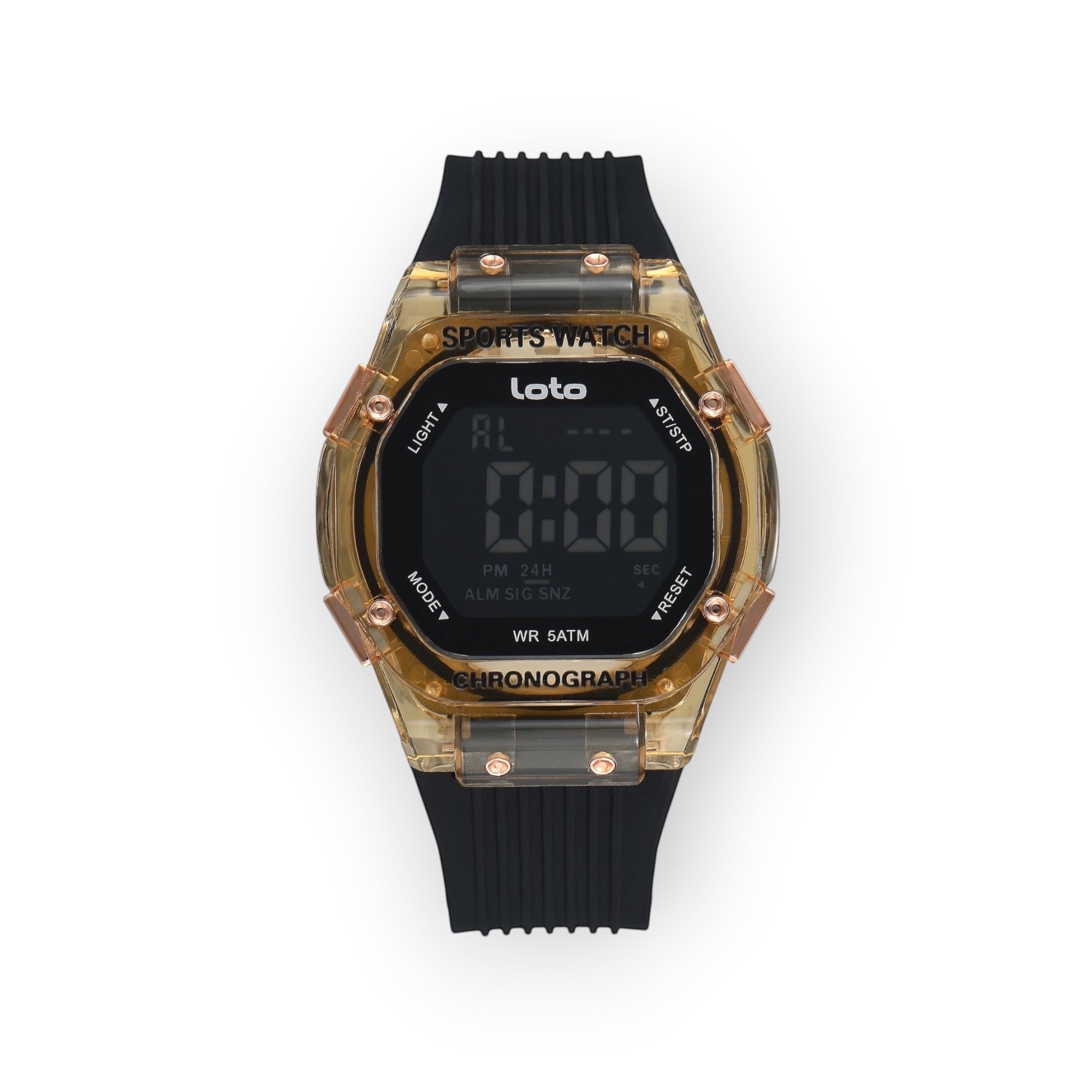 Reloj deportivo LOTO COMPANY IRONIX / 2551 digital con caja cuadrada transparente y correa de silicona negra. Resistente al agua 5 ATM.