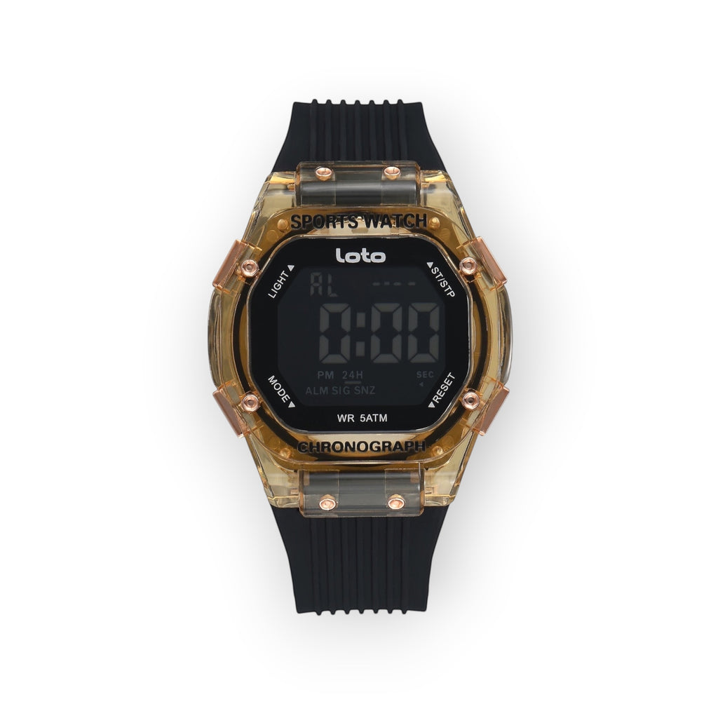 Reloj deportivo LOTO COMPANY IRONIX / 2551 digital con caja cuadrada transparente y correa de silicona negra. Resistente al agua 5 ATM.