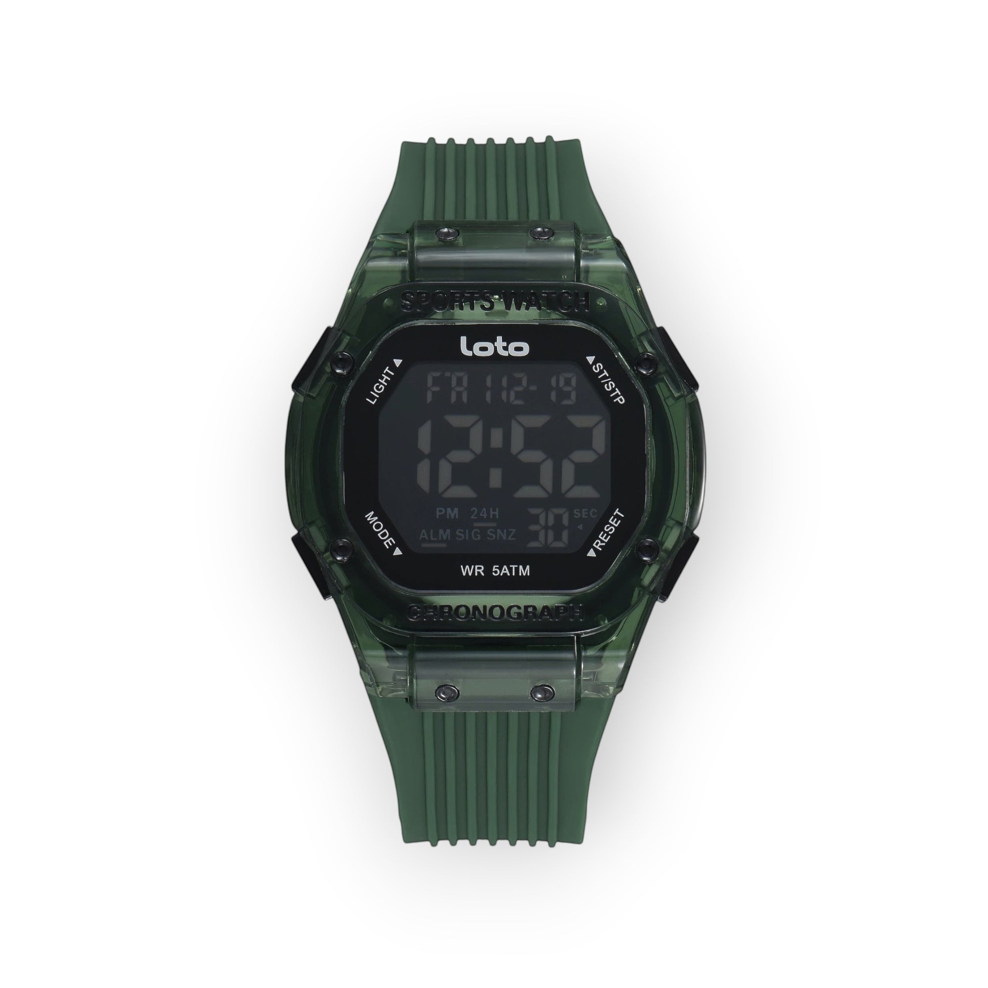 Reloj deportivo LOTO COMPANY IRONIX / 2551 digital con caja cuadrada transparente verde y correa de silicona.