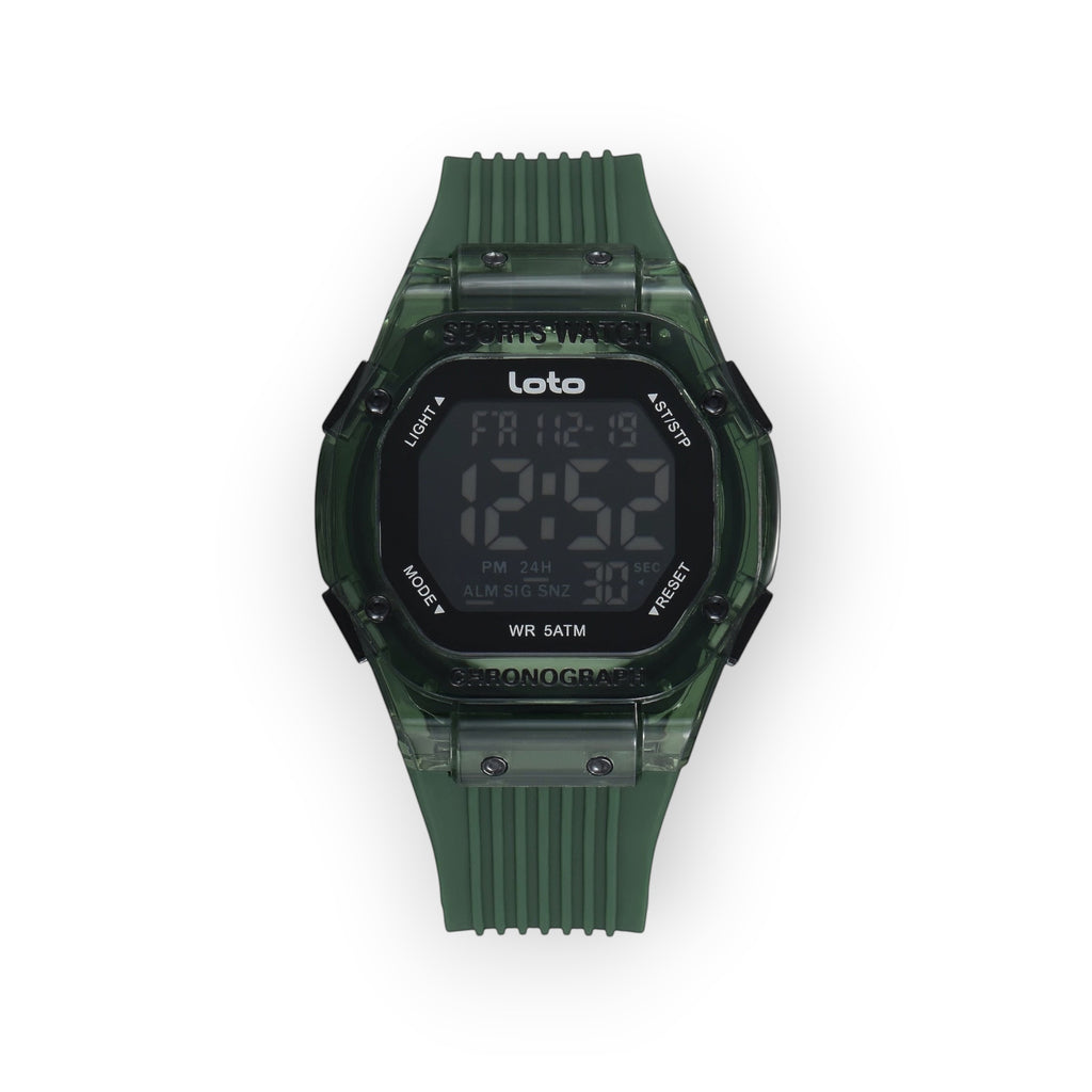 Reloj deportivo LOTO COMPANY IRONIX / 2551 digital con caja cuadrada transparente verde y correa de silicona.