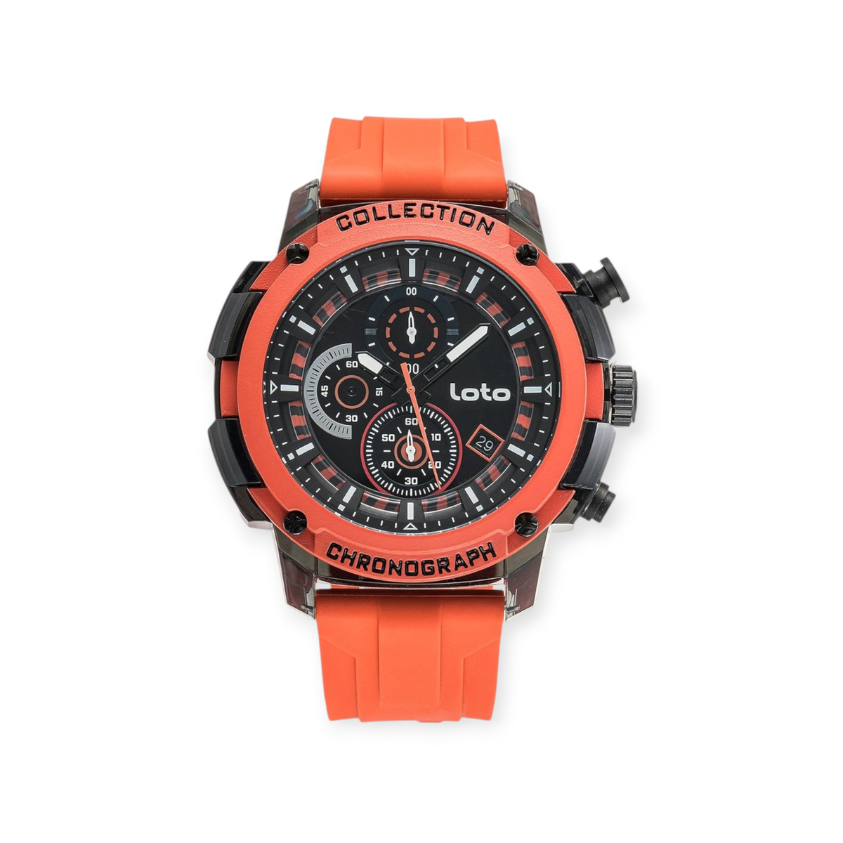 Reloj deportivo LOTO COMPANY Prime 2434 con correa de silicona naranja y esfera negra con cronógrafo