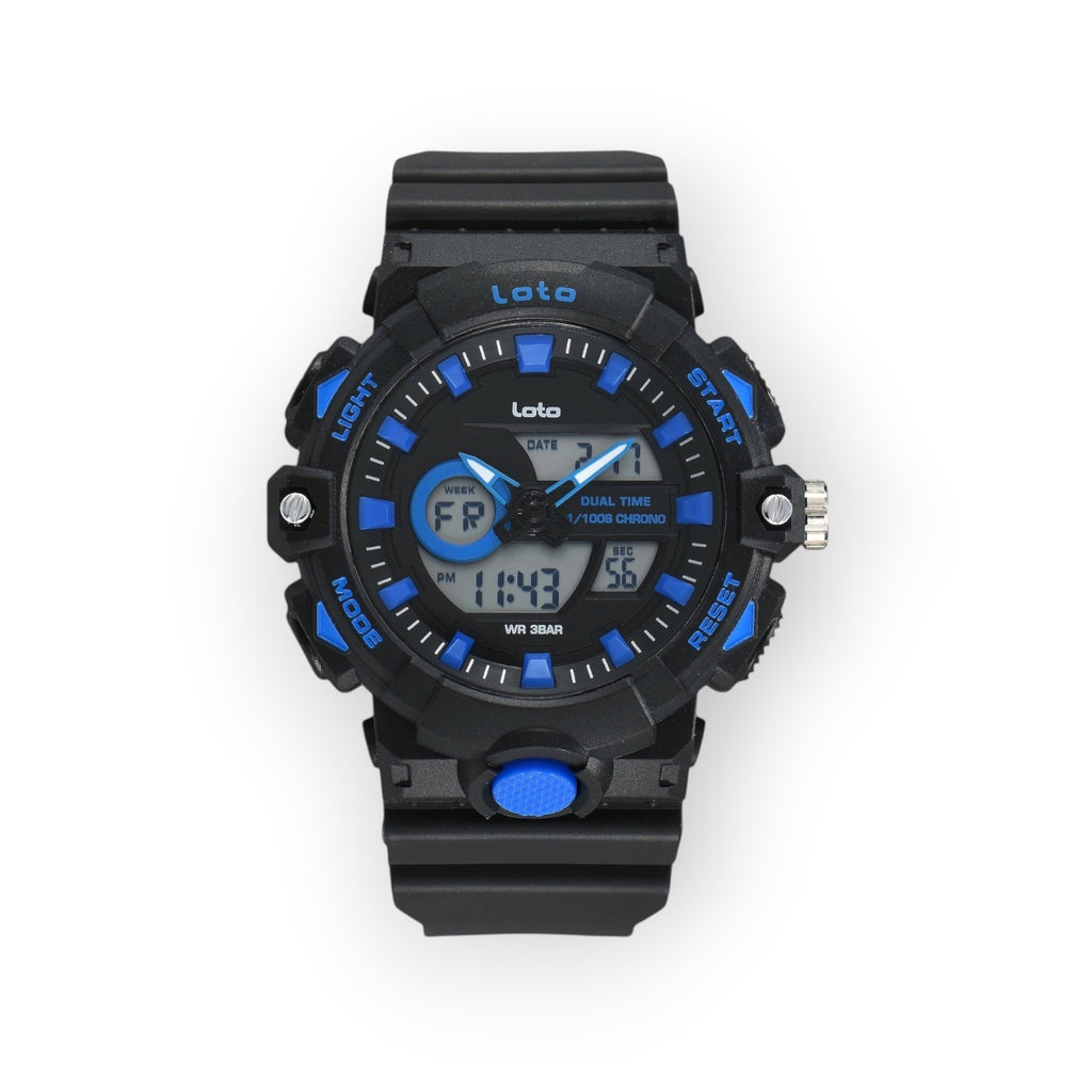 Reloj deportivo LOTO COMPANY KRONAR 2572 con pantalla dual analógica y digital, caja negra y detalles en azul vibrante.