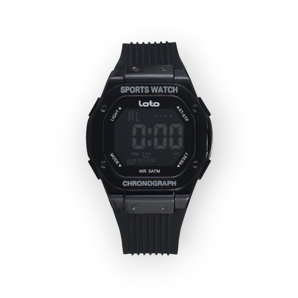 Reloj deportivo LOTO COMPANY negro con caja cuadrada digital, correa de silicona y resistencia al agua 5 ATM.
