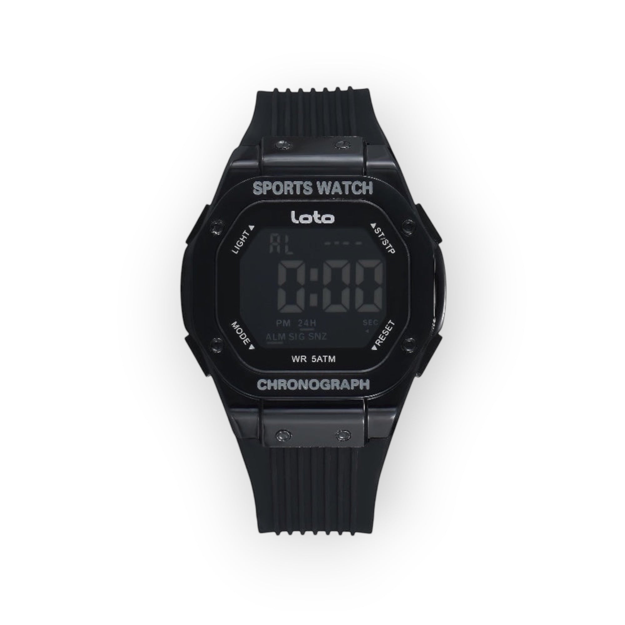 Reloj deportivo LOTO COMPANY negro con caja cuadrada digital, correa de silicona y resistencia al agua 5 ATM.